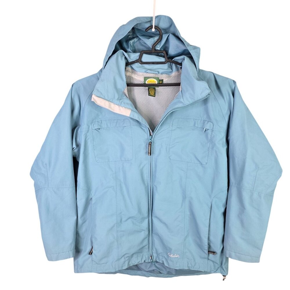 Womens Cabelas Blue Hooded Rain Jacket Full Zip 100% Nylon Waterproof Size L